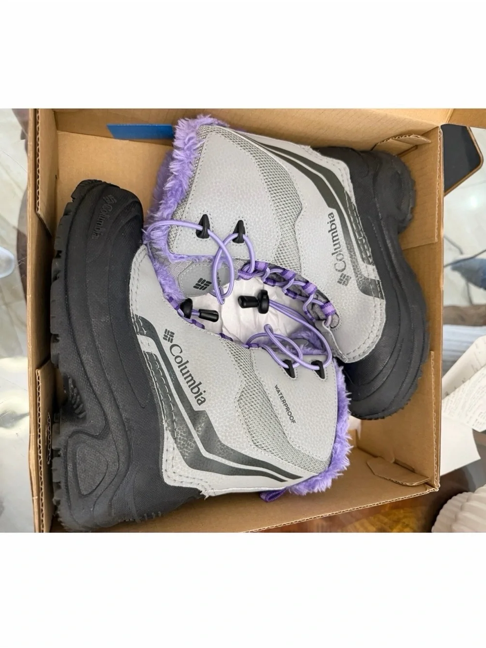 Columbia Kids Waterproof Winter Snow Boots Gray Purple Faux Fur Insulated EUC